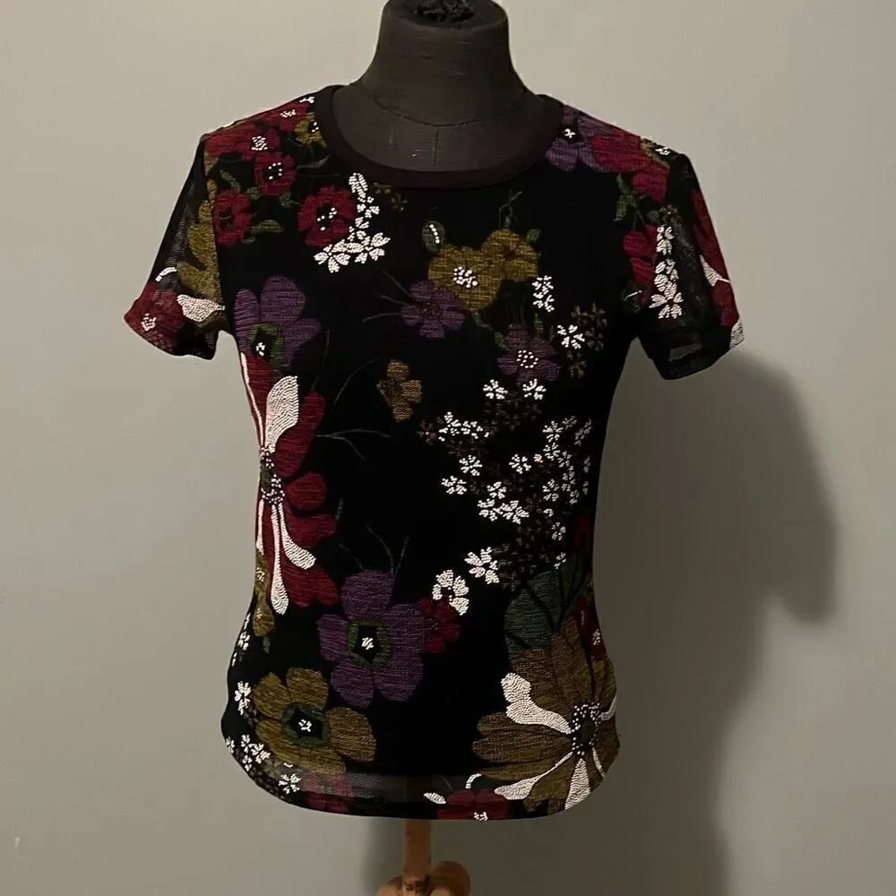 Urban Outfitters Women's Multicolor Floral Mesh Short Sleeve Top